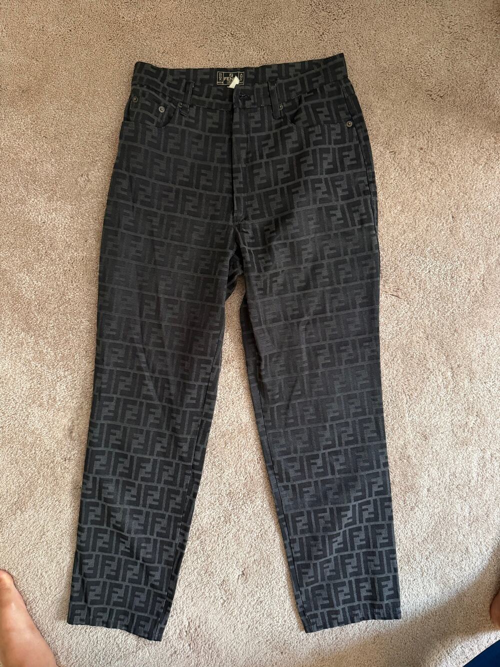 Vintage Fendi Jeans Zucca FF Monogram Black Jacquard Pants Italy SZ 26